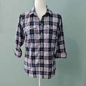 Eddie Bauer Navy and White Plaid Shirt